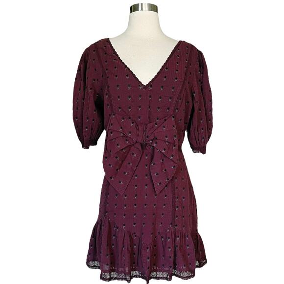 LOVESHACKFANCY Lena Dress Short Puff Sleeves Burgundy Floral Bow V-Neck Medium - Picture 10 of 10